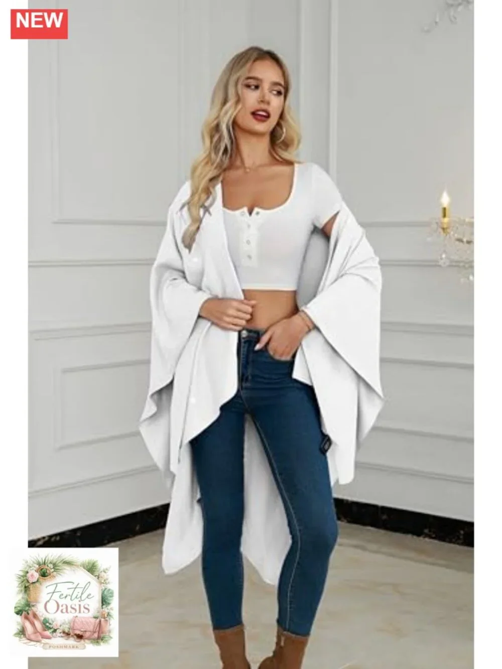 Elegant Open Front Poncho Cape Ruana Cardigan with Heart Crystals - Bamboo